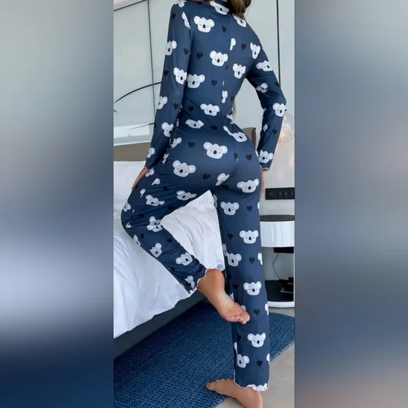 Koala & Heart Print Half Button Lettuce Trim Sleep Jumpsuit PJs Size small NWOT - Picture 4 of 6
